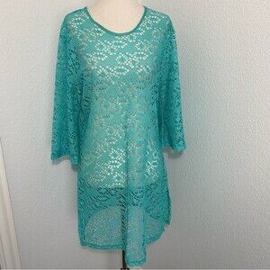 VLD Sheer Crochet Lace Green Floral Pattern Swim Cover Up Blouse Top Size M